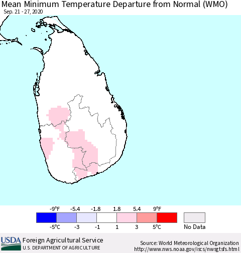 Sri Lanka Minimum Temperature Departure From Normal (WMO) Thematic Map For 9/21/2020 - 9/27/2020