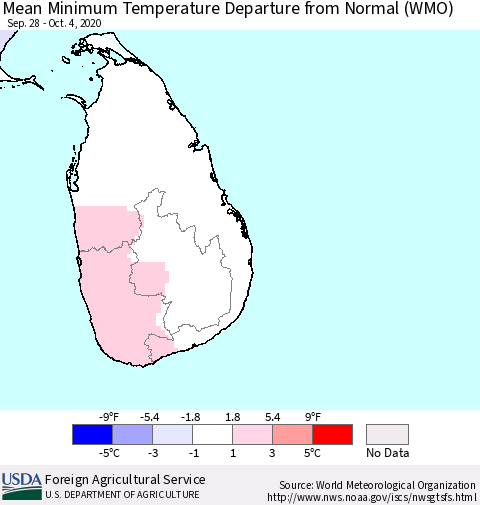 Sri Lanka Mean Minimum Temperature Departure from Normal (WMO) Thematic Map For 9/28/2020 - 10/4/2020