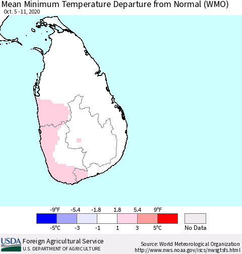 Sri Lanka Minimum Temperature Departure From Normal (WMO) Thematic Map For 10/5/2020 - 10/11/2020