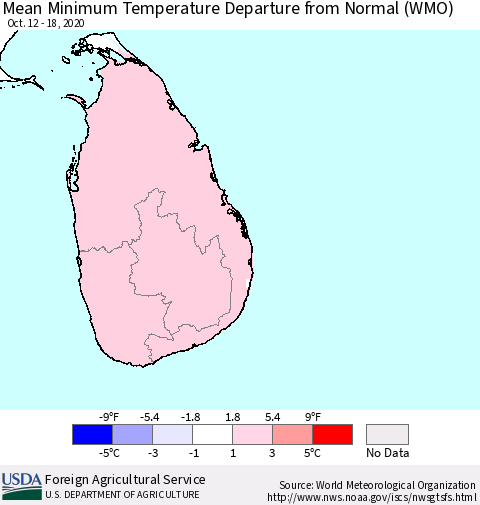 Sri Lanka Minimum Temperature Departure From Normal (WMO) Thematic Map For 10/12/2020 - 10/18/2020