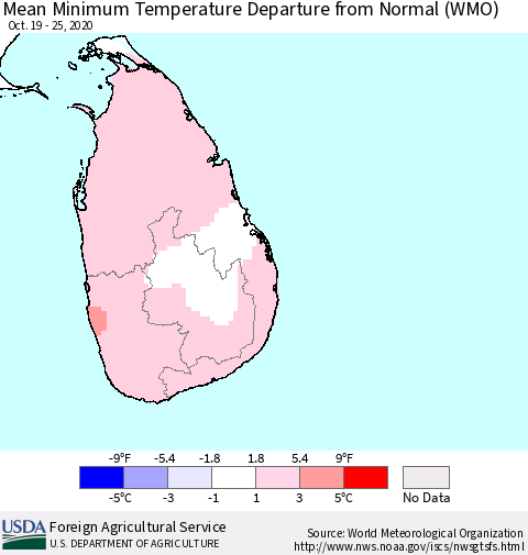 Sri Lanka Minimum Temperature Departure From Normal (WMO) Thematic Map For 10/19/2020 - 10/25/2020