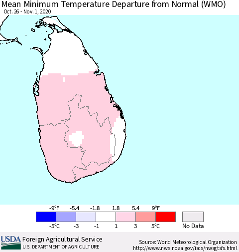 Sri Lanka Mean Minimum Temperature Departure from Normal (WMO) Thematic Map For 10/26/2020 - 11/1/2020