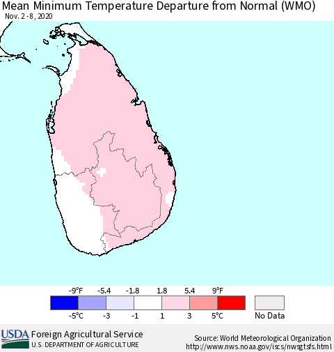 Sri Lanka Mean Minimum Temperature Departure from Normal (WMO) Thematic Map For 11/2/2020 - 11/8/2020