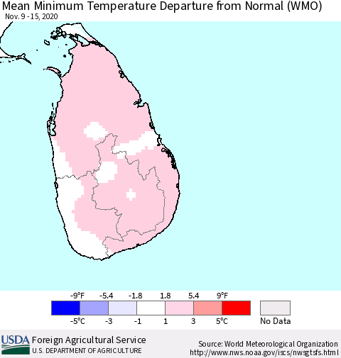 Sri Lanka Mean Minimum Temperature Departure from Normal (WMO) Thematic Map For 11/9/2020 - 11/15/2020