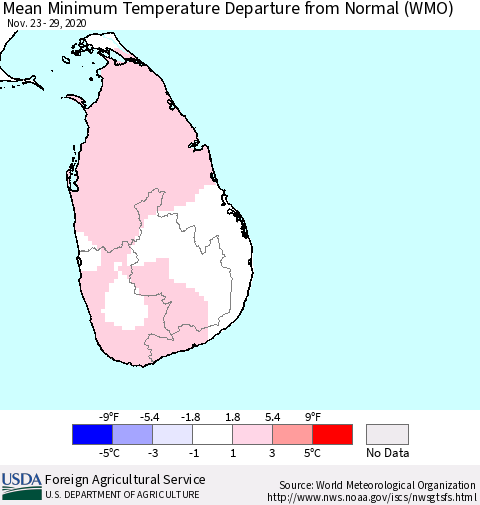Sri Lanka Minimum Temperature Departure From Normal (WMO) Thematic Map For 11/23/2020 - 11/29/2020