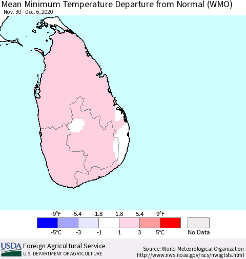 Sri Lanka Mean Minimum Temperature Departure from Normal (WMO) Thematic Map For 11/30/2020 - 12/6/2020