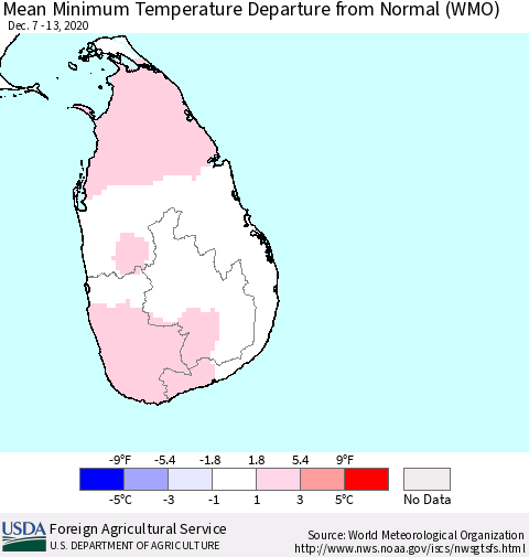 Sri Lanka Mean Minimum Temperature Departure from Normal (WMO) Thematic Map For 12/7/2020 - 12/13/2020