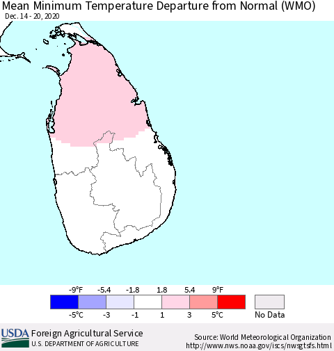 Sri Lanka Mean Minimum Temperature Departure from Normal (WMO) Thematic Map For 12/14/2020 - 12/20/2020