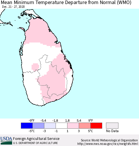 Sri Lanka Mean Minimum Temperature Departure from Normal (WMO) Thematic Map For 12/21/2020 - 12/27/2020