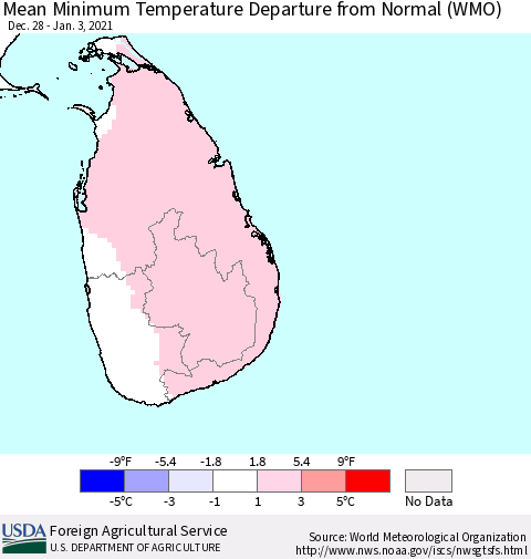 Sri Lanka Mean Minimum Temperature Departure from Normal (WMO) Thematic Map For 12/28/2020 - 1/3/2021
