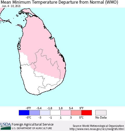 Sri Lanka Mean Minimum Temperature Departure from Normal (WMO) Thematic Map For 1/4/2021 - 1/10/2021