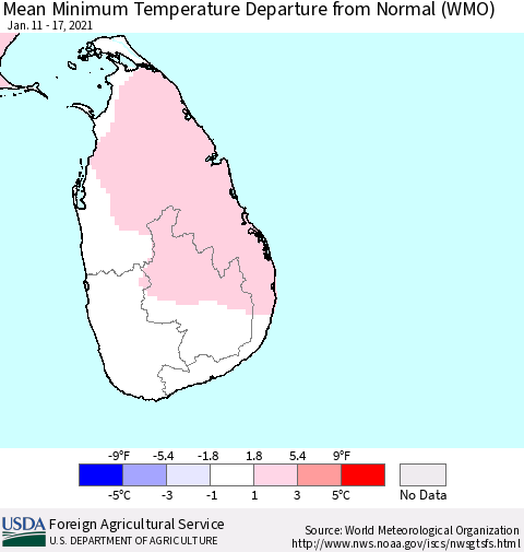Sri Lanka Minimum Temperature Departure From Normal (WMO) Thematic Map For 1/11/2021 - 1/17/2021