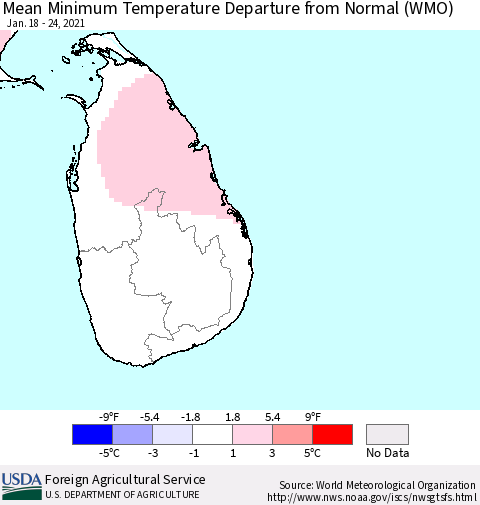 Sri Lanka Mean Minimum Temperature Departure from Normal (WMO) Thematic Map For 1/18/2021 - 1/24/2021