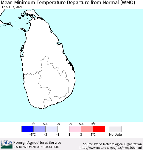 Sri Lanka Minimum Temperature Departure From Normal (WMO) Thematic Map For 2/1/2021 - 2/7/2021