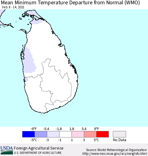 Sri Lanka Minimum Temperature Departure From Normal (WMO) Thematic Map For 2/8/2021 - 2/14/2021