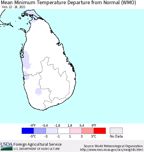Sri Lanka Mean Minimum Temperature Departure from Normal (WMO) Thematic Map For 2/22/2021 - 2/28/2021