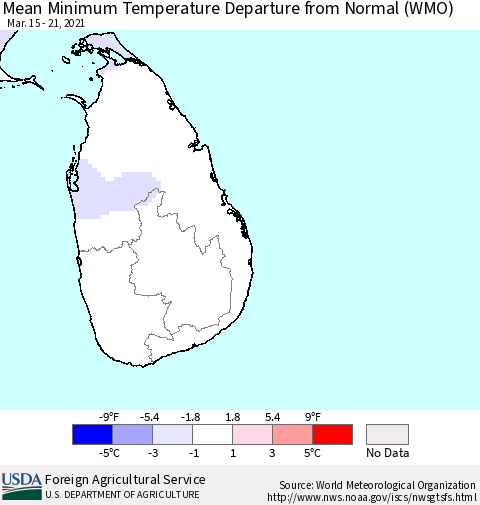 Sri Lanka Mean Minimum Temperature Departure from Normal (WMO) Thematic Map For 3/15/2021 - 3/21/2021