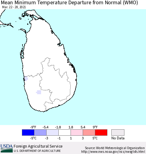 Sri Lanka Minimum Temperature Departure From Normal (WMO) Thematic Map For 3/22/2021 - 3/28/2021