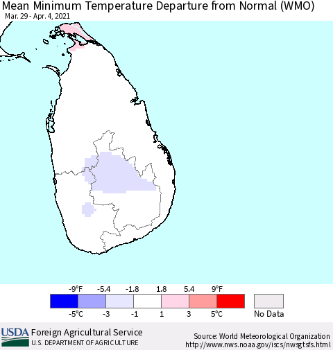 Sri Lanka Mean Minimum Temperature Departure from Normal (WMO) Thematic Map For 3/29/2021 - 4/4/2021