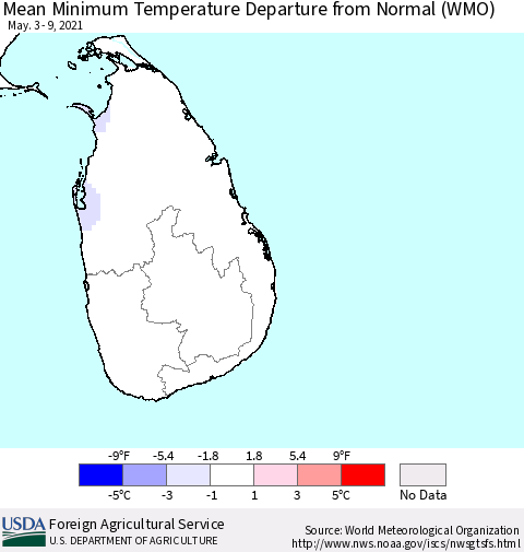 Sri Lanka Minimum Temperature Departure from Normal (WMO) Thematic Map For 5/3/2021 - 5/9/2021