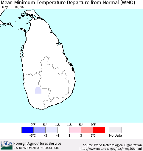Sri Lanka Mean Minimum Temperature Departure from Normal (WMO) Thematic Map For 5/10/2021 - 5/16/2021
