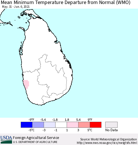 Sri Lanka Minimum Temperature Departure from Normal (WMO) Thematic Map For 5/31/2021 - 6/6/2021