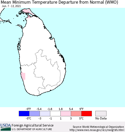 Sri Lanka Mean Minimum Temperature Departure from Normal (WMO) Thematic Map For 6/7/2021 - 6/13/2021