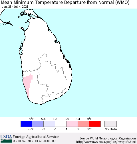 Sri Lanka Mean Minimum Temperature Departure from Normal (WMO) Thematic Map For 6/28/2021 - 7/4/2021