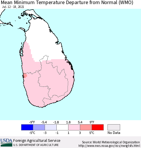 Sri Lanka Minimum Temperature Departure from Normal (WMO) Thematic Map For 7/12/2021 - 7/18/2021