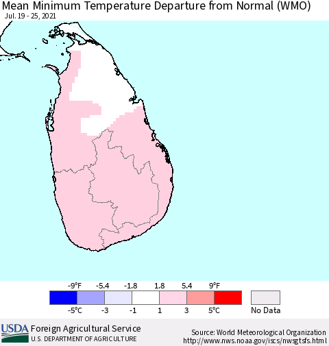 Sri Lanka Mean Minimum Temperature Departure from Normal (WMO) Thematic Map For 7/19/2021 - 7/25/2021