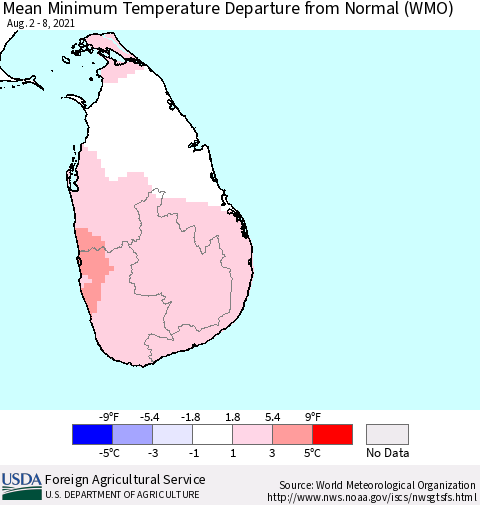 Sri Lanka Minimum Temperature Departure From Normal (WMO) Thematic Map For 8/2/2021 - 8/8/2021
