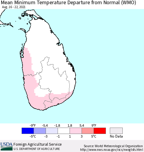Sri Lanka Minimum Temperature Departure From Normal (WMO) Thematic Map For 8/16/2021 - 8/22/2021