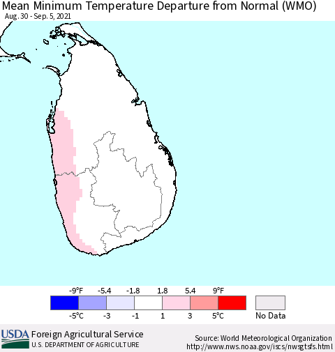 Sri Lanka Mean Minimum Temperature Departure from Normal (WMO) Thematic Map For 8/30/2021 - 9/5/2021