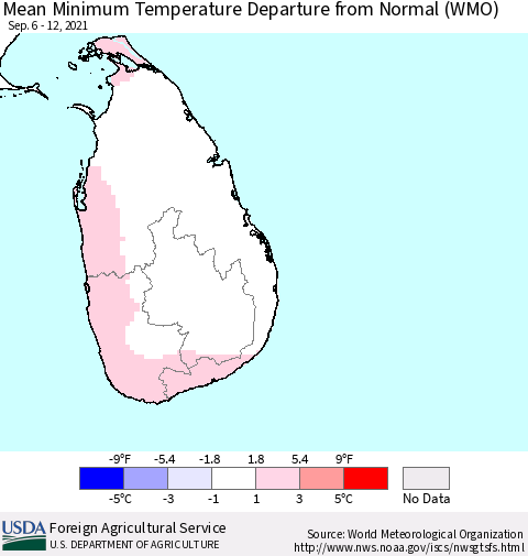 Sri Lanka Mean Minimum Temperature Departure from Normal (WMO) Thematic Map For 9/6/2021 - 9/12/2021