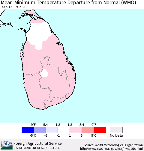 Sri Lanka Mean Minimum Temperature Departure from Normal (WMO) Thematic Map For 9/13/2021 - 9/19/2021