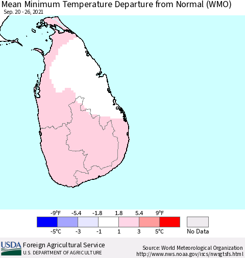 Sri Lanka Minimum Temperature Departure from Normal (WMO) Thematic Map For 9/20/2021 - 9/26/2021