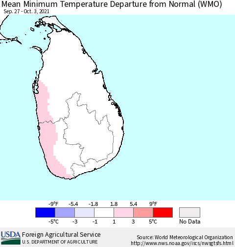Sri Lanka Minimum Temperature Departure From Normal (WMO) Thematic Map For 9/27/2021 - 10/3/2021