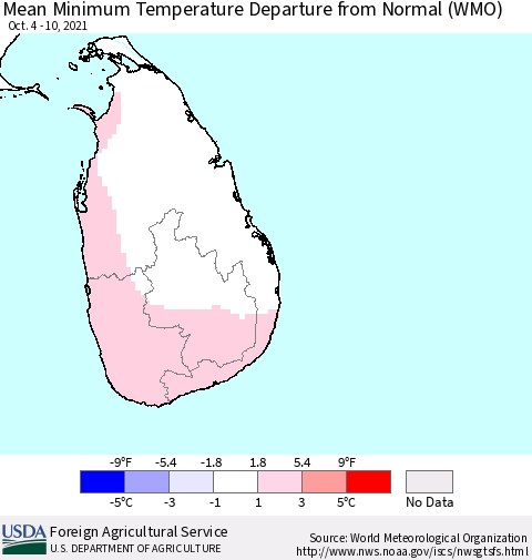 Sri Lanka Minimum Temperature Departure From Normal (WMO) Thematic Map For 10/4/2021 - 10/10/2021