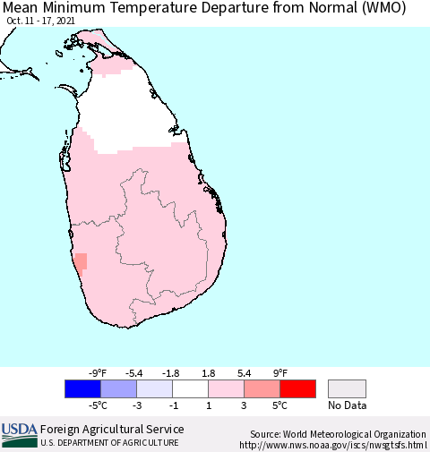 Sri Lanka Mean Minimum Temperature Departure from Normal (WMO) Thematic Map For 10/11/2021 - 10/17/2021