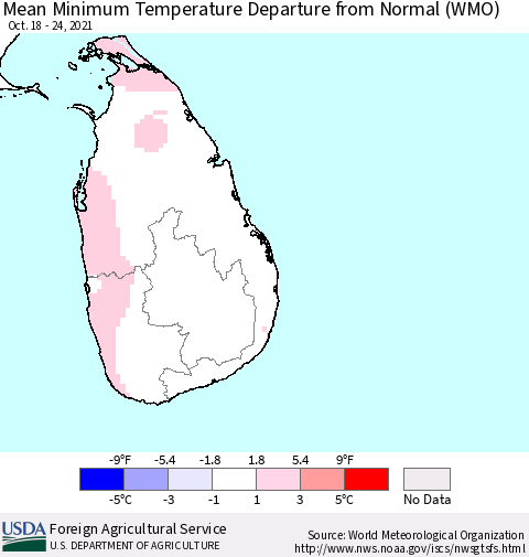 Sri Lanka Minimum Temperature Departure From Normal (WMO) Thematic Map For 10/18/2021 - 10/24/2021