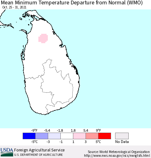 Sri Lanka Mean Minimum Temperature Departure from Normal (WMO) Thematic Map For 10/25/2021 - 10/31/2021