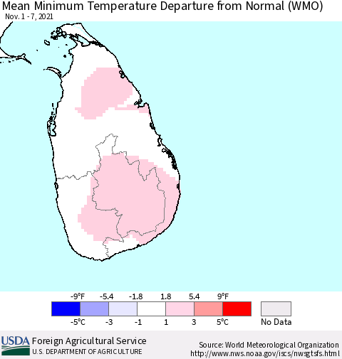 Sri Lanka Mean Minimum Temperature Departure from Normal (WMO) Thematic Map For 11/1/2021 - 11/7/2021