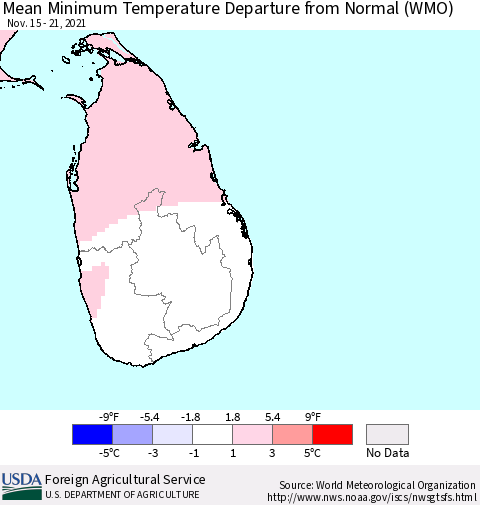 Sri Lanka Mean Minimum Temperature Departure from Normal (WMO) Thematic Map For 11/15/2021 - 11/21/2021