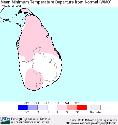 Sri Lanka Mean Minimum Temperature Departure from Normal (WMO) Thematic Map For 11/22/2021 - 11/28/2021