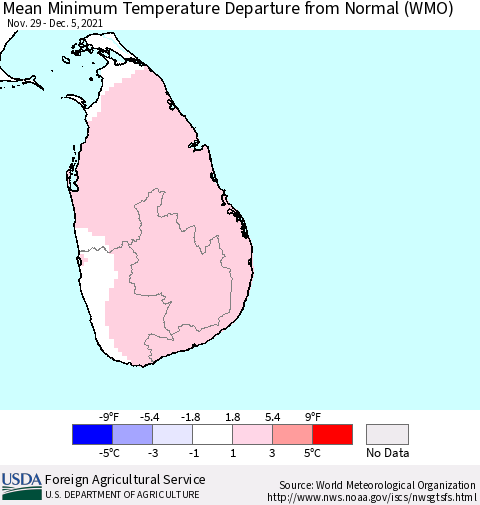 Sri Lanka Minimum Temperature Departure From Normal (WMO) Thematic Map For 11/29/2021 - 12/5/2021
