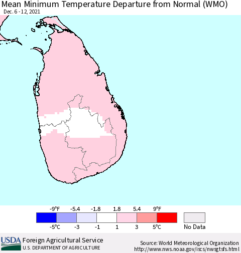 Sri Lanka Mean Minimum Temperature Departure from Normal (WMO) Thematic Map For 12/6/2021 - 12/12/2021