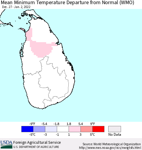 Sri Lanka Mean Minimum Temperature Departure from Normal (WMO) Thematic Map For 12/27/2021 - 1/2/2022