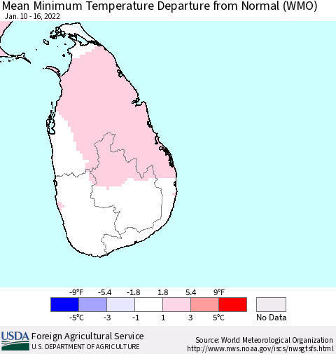 Sri Lanka Mean Minimum Temperature Departure from Normal (WMO) Thematic Map For 1/10/2022 - 1/16/2022