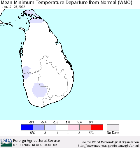 Sri Lanka Mean Minimum Temperature Departure from Normal (WMO) Thematic Map For 1/17/2022 - 1/23/2022