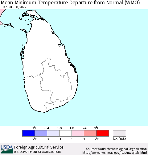 Sri Lanka Mean Minimum Temperature Departure from Normal (WMO) Thematic Map For 1/24/2022 - 1/30/2022